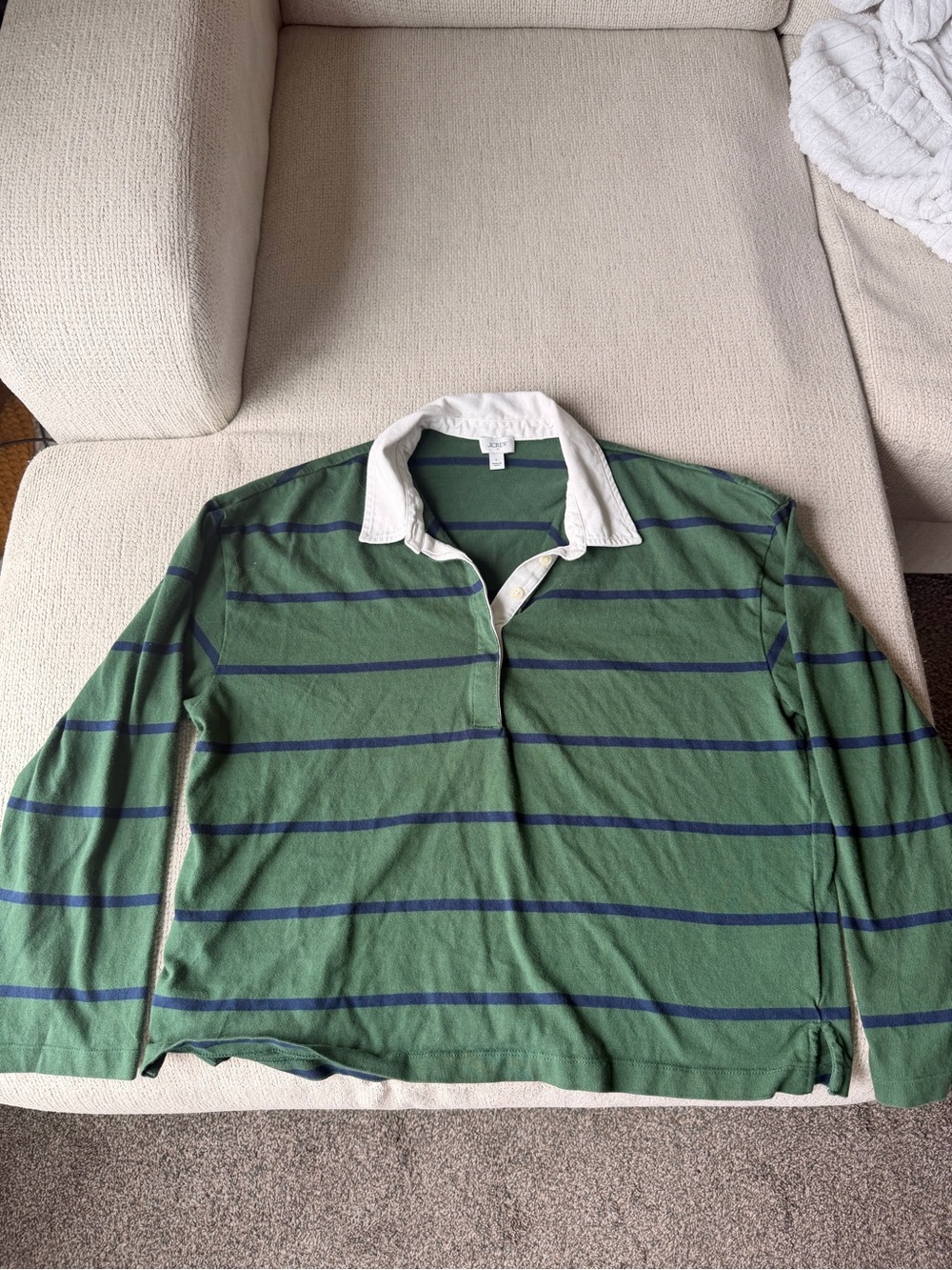 J. Crew Green and Navy Striped Rugby Polo with White Collar